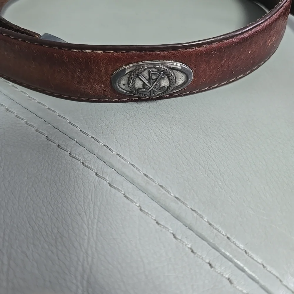 Vintage Fossil Italian‎ Full Grain Cowhide Brown Leather Golf Medallion Belt 36